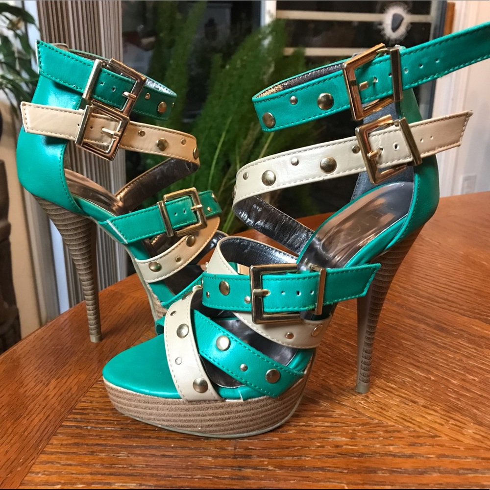 Gorgeous Tan, Teal & Gold Studded Double Ankle Strap High Heels! - Picture 6 of 16